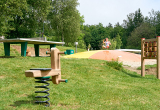 Speelplein bij Camping Braunlage in Nedersaksen met springkussen, wip en pingpongtafel in het groen.
