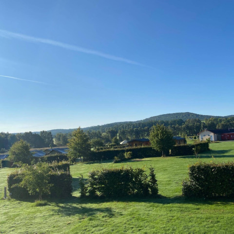 Paisaje soleado con césped verde, arbustos, árboles y cabañas en Camping de Regenboog, Ústí nad Labem, República Checa.