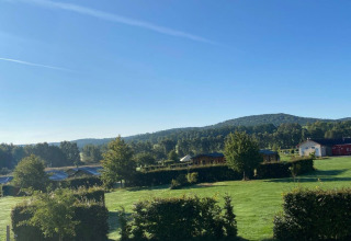 Paisaje soleado con césped verde, arbustos, árboles y cabañas en Camping de Regenboog, Ústí nad Labem, República Checa.