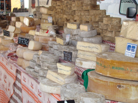 A variety of cheeses displayed at a market stall in Provence-Alpes-Côte d’Azur, France.