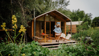 De mooiste hut ter wereld bij Les Cabanes d'Ostende in België, met weelderig groen en veldbloemen.