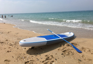 En paddleboard med åre hviler på en sandstrand ved havet, med mennesker badende i baggrunden.