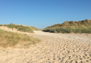 Sandy path between grassy dunes under a clear blue sky at Camping O2 holiday park in Normandy, France.