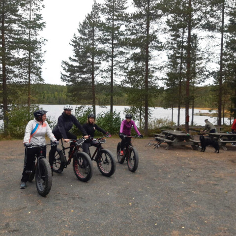 Cuatro personas en bicicletas fatbike junto al lago y rodeados de árboles en Camping Yttermalungs, Dalarna, Suecia.