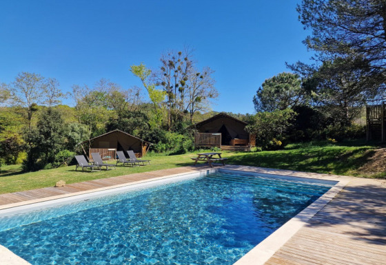 Buitenzwembad met ligbedden en houten huisjes bij vakantiepark Domaine La Sauzette in Occitanië.