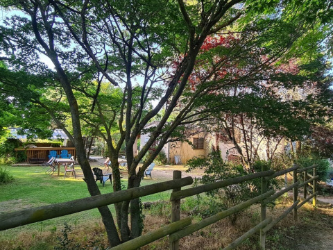 Rustige tuin met bomen, houten omheining en stoelen bij Domaine La Sauzette in Occitanië, Frankrijk.