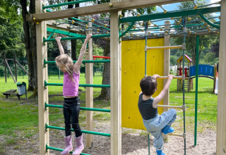 Bambini che giocano su una struttura da arrampicata al Camping la Roche, Limburg, Belgio, tra gli alberi.