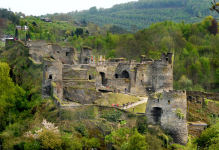 Ruins of a medieval castle surrounded by lush forest near Camping la Roche, Limburg, Belgium.