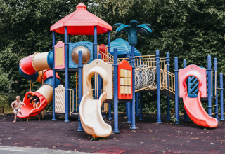 Bunte Spielplatzanlage mit Rutschen und Kindern bei Camping de Kleine Wielen im grünen Friesland, Niederlande.