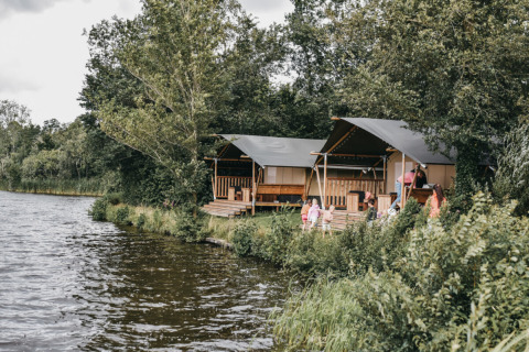 Cabanes au bord du lac au Camping de Kleine Wielen, Friesland, Pays-Bas, entourées d’arbres verts.