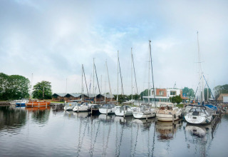 Både fortøjet ved en marina på Minicamping Marina Warns i Friesland, Holland, en rolig feriedestination.