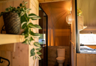 Vista interior de tienda safari con baño, planta verde y decoración de madera en Jocomo Parc, Bélgica.