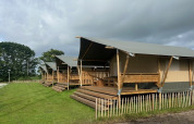 Safari tents at Minicamping Marina Warns in the Netherlands with wooden decks and grassy surroundings.