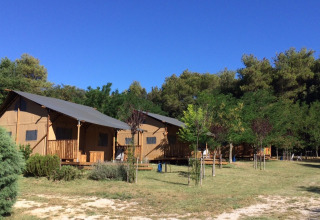 To telthytter i Camping Monti del Sole, Umbrien, Italien, omgivet af grønne træer og blå himmel.