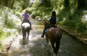 Two people ride horses through a forest stream at Camping Monti del Sole, a holiday park in Umbria, Italy.