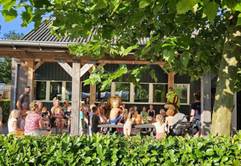 Gruppe børn og voksne samles udenfor under et træ ved et glamping-sted på en solrig dag.