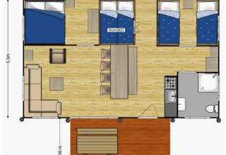 Floor plan of Medley Lodge safari tent with hot tub at Den Blanken, showing bedrooms, living and kitchen.