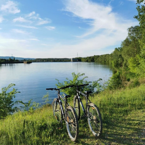 Dos bicicletas junto al lago en Camping de Thoissey, un parque vacacional en Auvergne-Rhône-Alpes, Francia, con cielo azul.