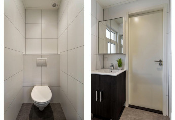 Baño moderno en Bospark Ede, Países Bajos, con inodoro flotante y lavabo en lodge Module Special Wellness.