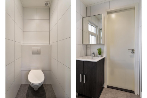 Modern lodgebadkamer bij Bospark Ede in Nederland met hangend toilet en wastafel in Module Special Wellness.