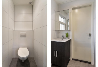 Baño moderno en Bospark Ede, Países Bajos, con inodoro flotante y lavabo en lodge Module Special Wellness.