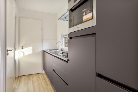 Moderne kitchenette in Module Special Wellness-lodge in Bospark Ede, Nederland, met strakke kasten.