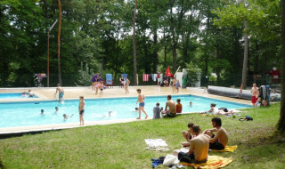 Vacanciers profitant de la piscine au Camping Le Roptai, entouré d’arbres à Namur, Belgique.