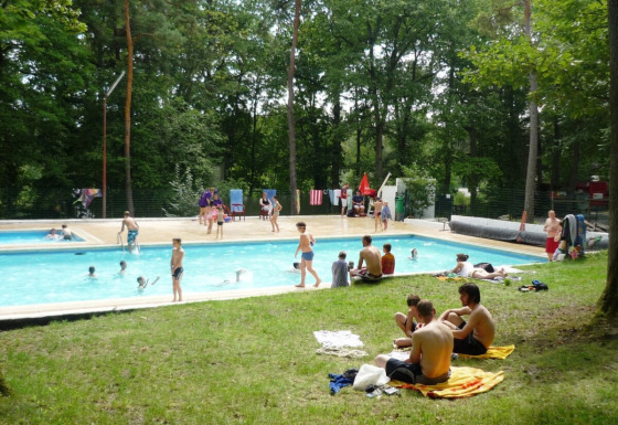 Campeggiatori si rilassano e nuotano nella piscina circondata da alberi a Camping Le Roptai, Namur, Belgio.