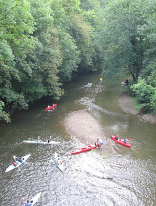 Personas en kayaks reman por un tranquilo río rodeado de árboles cerca de Ave-et-Auffe, Namur, Bélgica.