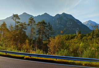 Scenic view of forested mountains near Sistiana, Friuli-Venezia Giulia, Italy, seen from a road with guardrail.