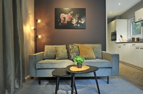 Modern living room in Mountain Lodges with a grey sofa, stylish lights, plant decor, art, and kitchen view.