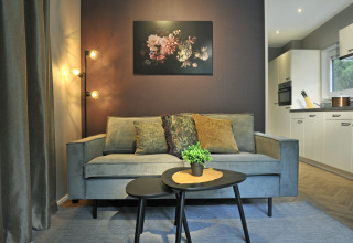 Modern living room in Mountain Lodges with a grey sofa, stylish lights, plant decor, art, and kitchen view.
