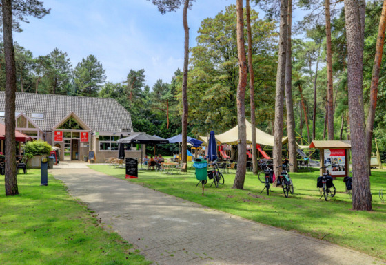 Campingplads med café, cykler og legeplads omgivet af træer i Kempen, Antwerpen, Belgien.