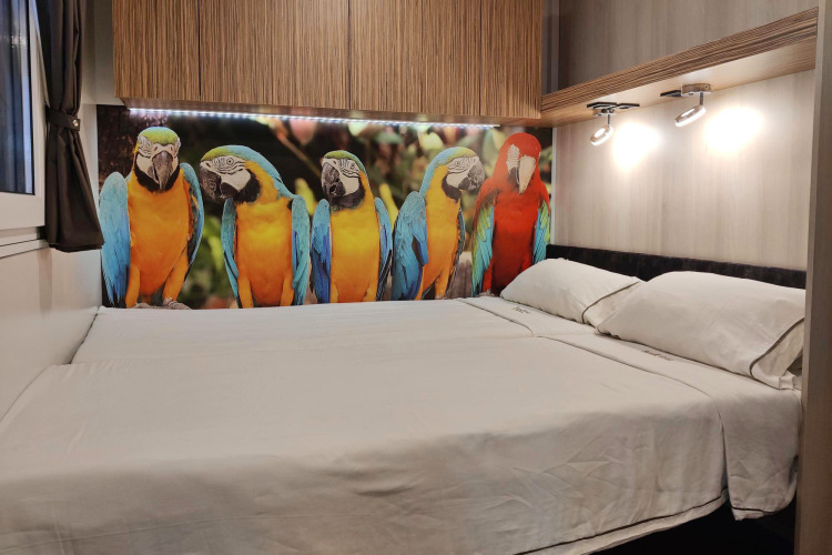 Dormitorio en SunLodge Katsura con cama doble, gabinetes de madera y mural de guacamayos coloridos en la cabecera.