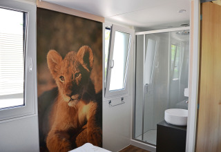 Baño moderno en SunLodge Sabai con ducha de vidrio y gran póster de un cachorro de león cerca de la cama.