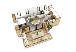 Plano 3D de la SunLodge Sabai con vista del salón, cocina, dormitorios, baño y terraza de madera.