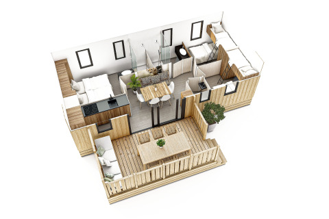 Plano 3D de la SunLodge Sabai con vista del salón, cocina, dormitorios, baño y terraza de madera.