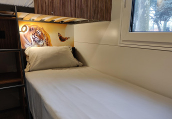 Moderne kamer in SunLodge Katsura met eenpersoonsbed, witte lakens, tijgerafbeelding en raam.