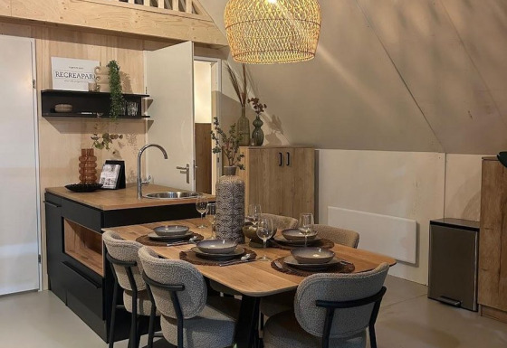Moderne eet- en keukenhoek in de Big lodge op Holiday park De Boshoek, Nederland, gezellig ingericht.