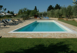 Rektangulær swimmingpool omkranset af liggestole og parasoller i Agricamping Romita, Toscana, Italien.