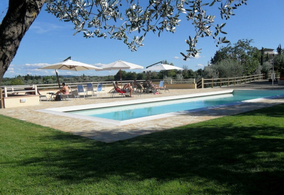Udendørs swimmingpool med liggestole, parasoller og grøn græsplæne på Agricamping Romita i Toscana, Italien.