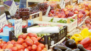 Donna che vende frutta e verdura fresca al mercato locale di Agricamping Romita, in Toscana, Italia.