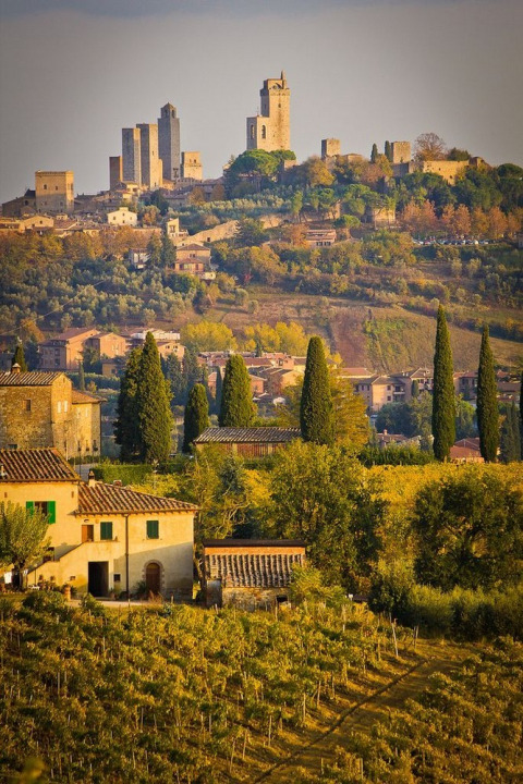 Vista del paisaje toscano cerca de Tavarnelle Val di Pesa con torres medievales y viñedos al atardecer.