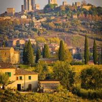 Vista sul paesaggio toscano intorno a Tavarnelle Val di Pesa con torri medievali e vigne al tramonto.
