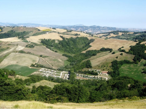 Panoramic view of rolling hills, fields, and wooded valleys near Monteciccardo, Marche, Italy.