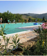 Ospiti in relax nella piscina panoramica del Camping Podere sei Poorte tra le colline delle Marche, Italia.
