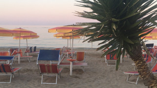 Strand mit bunten Sonnenschirmen, Liegestühlen und Palme bei Camping Mar y Sierra in Marche, Italien.