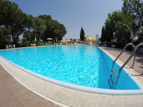 Piscina al aire libre en Camping Mar y Sierra, un parque vacacional en Marche, Italia, con árboles y sillas blancas.
