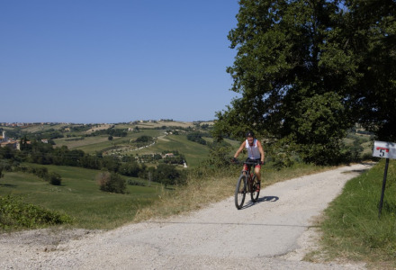 Radfahrer auf einem Schotterweg mit Hügeln und blauem Himmel nahe Stacciola, Marche, Italien.
