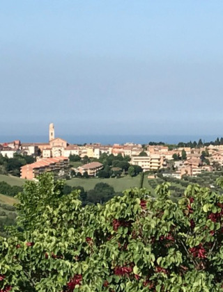 Blick auf eine grüne Landschaft mit einem Dorf in der Nähe von Stacciola, Marken, und dem Meer am Horizont.